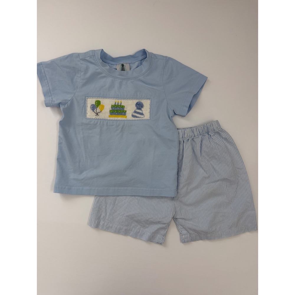 Small Town Smocks Boys 3T Birthday Set Blue Smocked Shirt Seersucker Shorts